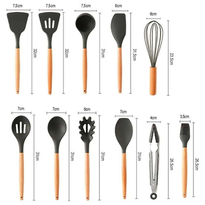 Kit 12 Utensílios De Cozinha Em Silicone E Cabo De Madeira Jogo De Utensílios Resistente ao Calor Antiaderente Premium