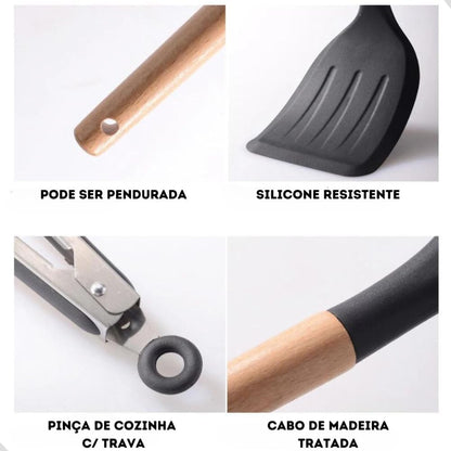 Kit 12 Utensílios De Cozinha Em Silicone E Cabo De Madeira Jogo De Utensílios Resistente ao Calor Antiaderente Premium