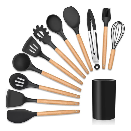 Kit 12 Utensílios De Cozinha Em Silicone E Cabo De Madeira Jogo De Utensílios Resistente ao Calor Antiaderente Premium
