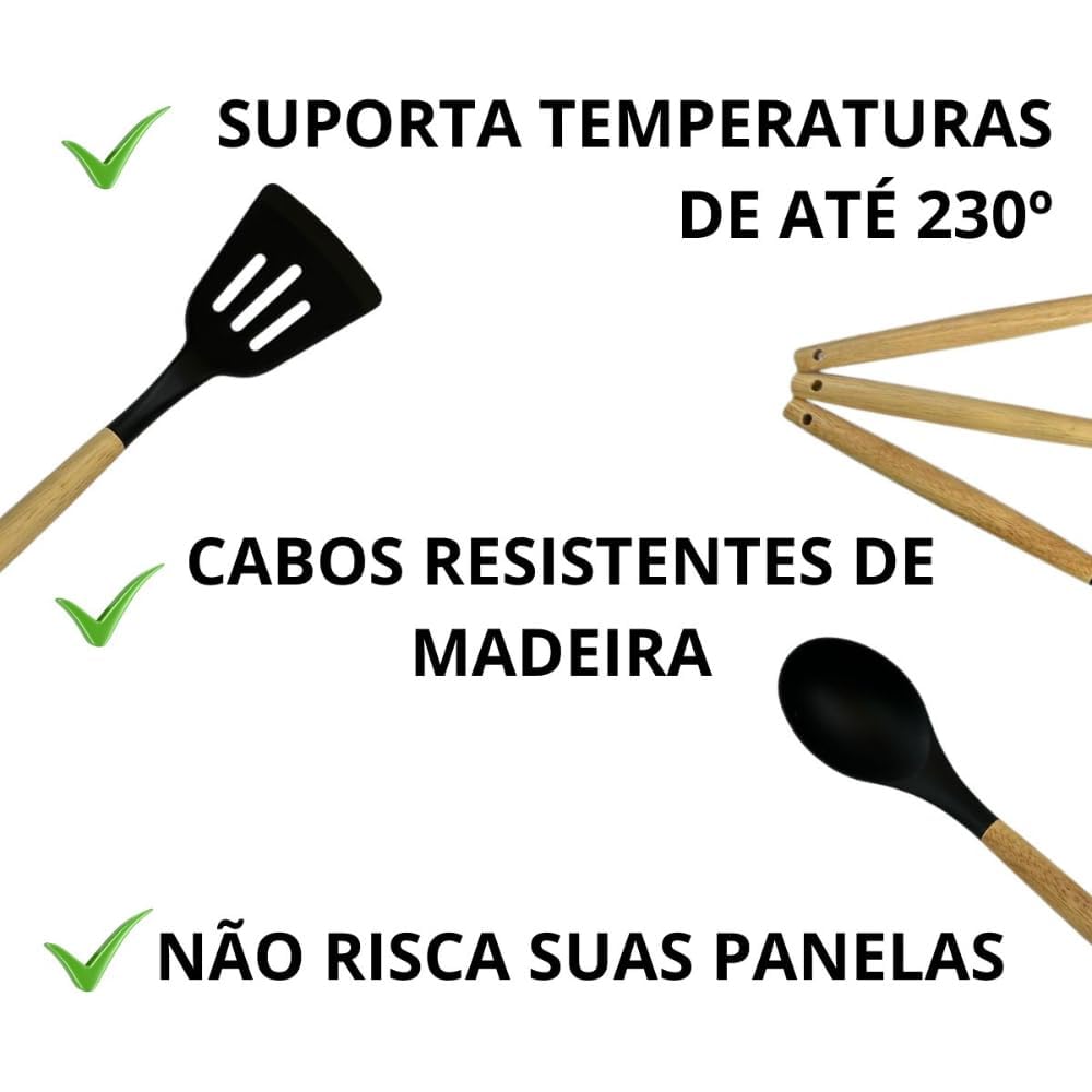 Kit 12 Utensílios De Cozinha Em Silicone E Cabo De Madeira Jogo De Utensílios Resistente ao Calor Antiaderente Premium