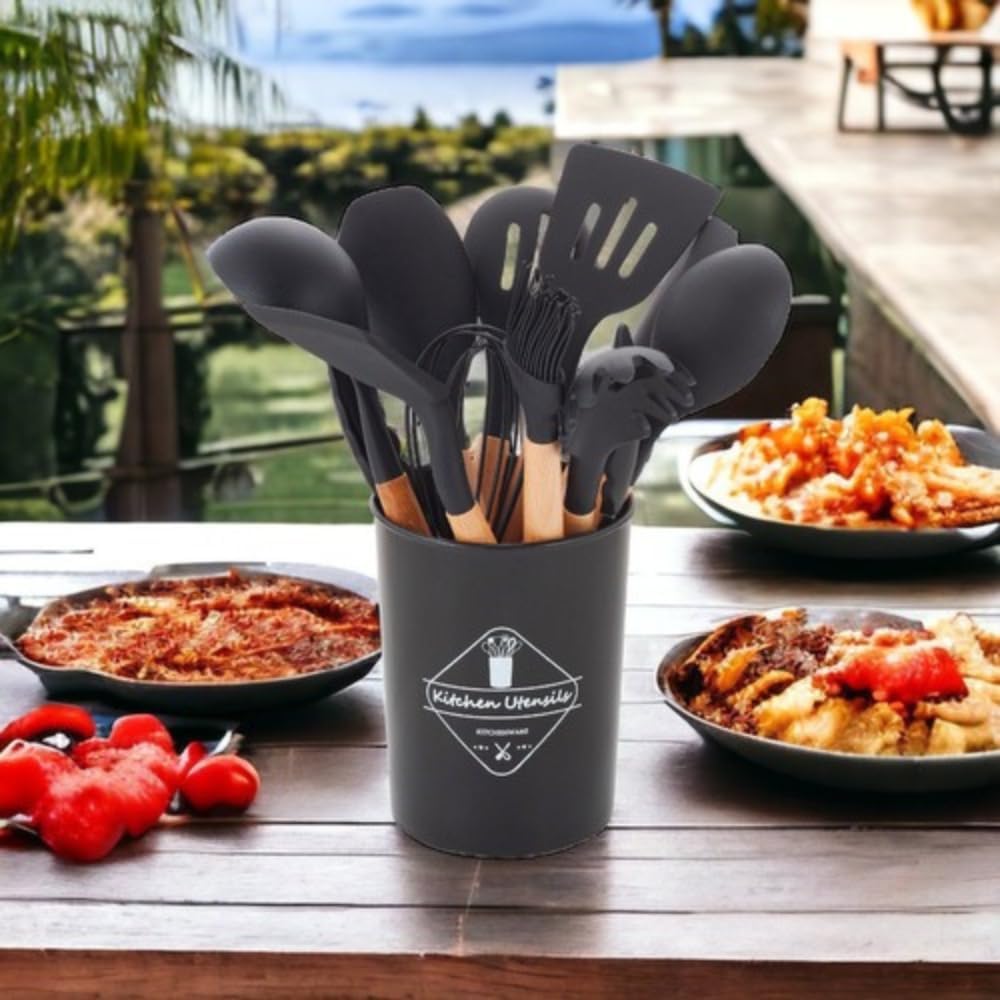 Kit 12 Utensílios De Cozinha Em Silicone E Cabo De Madeira Jogo De Utensílios Resistente ao Calor Antiaderente Premium