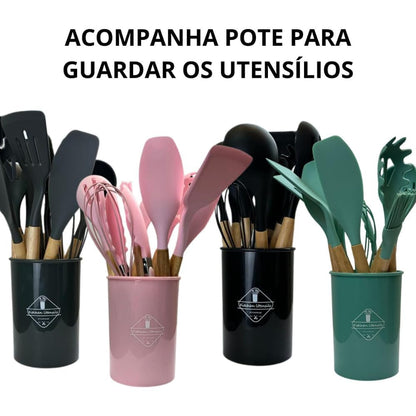 Kit 12 Utensílios De Cozinha Em Silicone E Cabo De Madeira Jogo De Utensílios Resistente ao Calor Antiaderente Premium